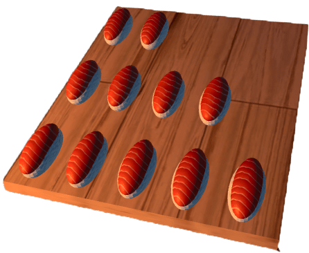 Een houten plank met sushi. Op de eerste rij liggen 2 stukjes, op de tweede rij 4 en op de derde rij 5